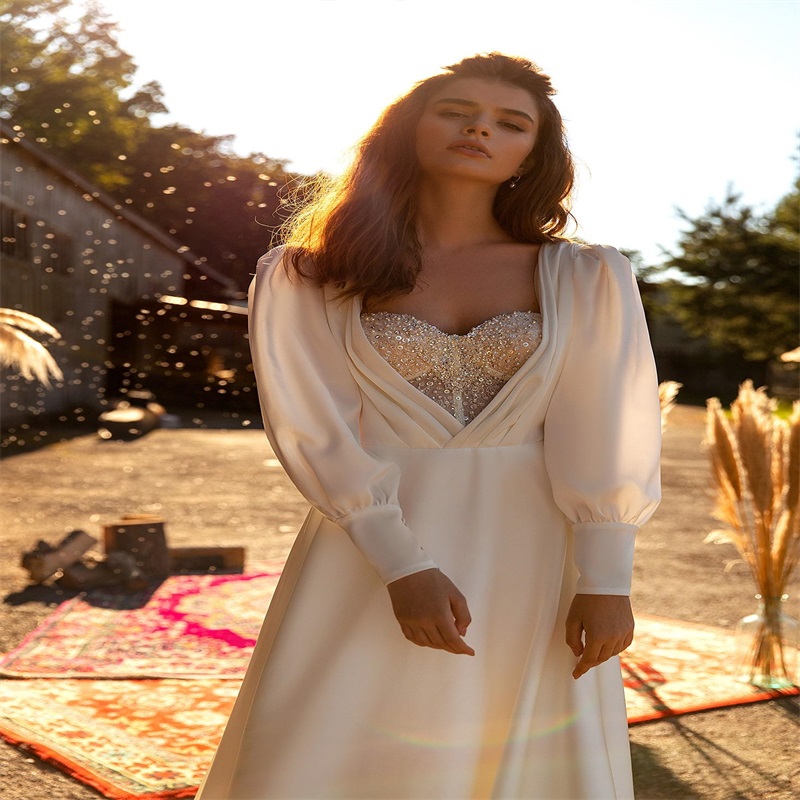 Modern Design Wedding Dresses Bling Sequins Beads Bridal Gowns Long Sleeves Sweep Train Boho Custom Made Soft Satin Vestido De Novia
