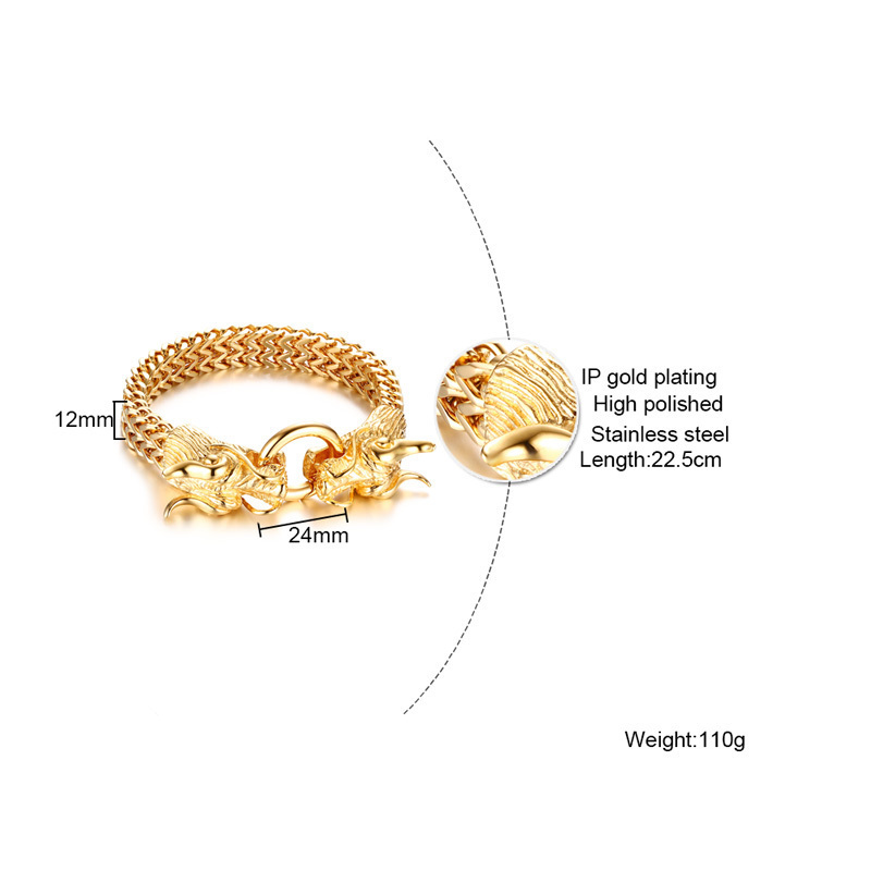 Men's Punk Double Dragon Head Herringbone Chain Bracelet for Men Braslet Stainless Steel Gold Tone Hip Hop Male Jewelry 22.5cm 200928