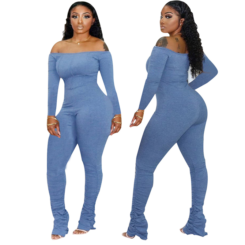 HAOYUAN Sexy Off Shoulder Long Sleeve Bodycon Jumpsuit Fall Clothes for Women Outfits One Piece Party Club Romper Stacked Pants 201007