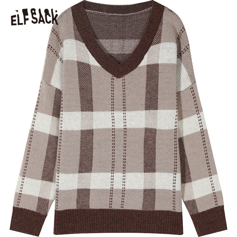 ELFSACK Brown Plaid British Style Jersey Pullover Sweater Women Spring Blue Vintage Long Sleeve Ladies Casual Daily Top 201222