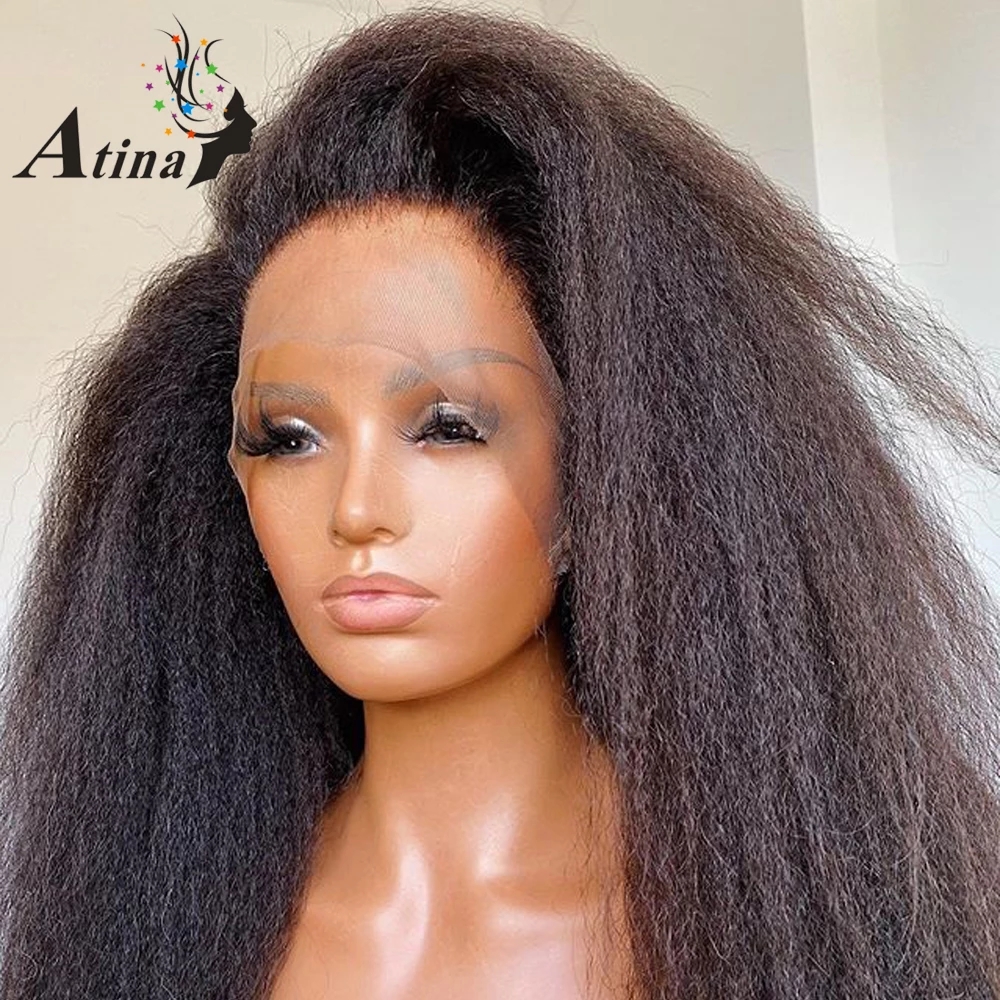 13x4 Lace Front Wig Kinky Straight Pre Plucked Synthetic Hair Wigs 180 Density Natural Black Women dh5727163