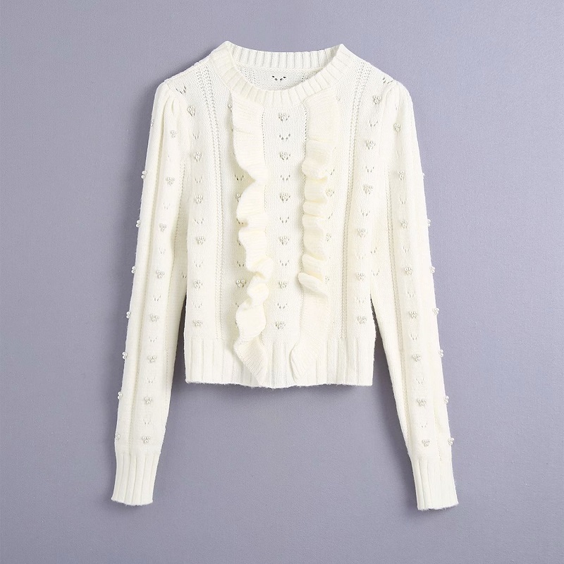 Fall Za Women Sweater Clothing White Pullover Knitted Cropped Sweater Long Sleeve Ruffle Autumn Clothes Women's Sweater Top 201223