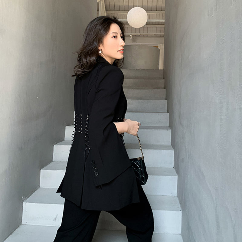 [EAM] Women Black Bandage Vent Stitch Blazer New Lapel Long Sleeve Loose Fit Jacket Fashion Tide Spring Autumn 1DB308 201201