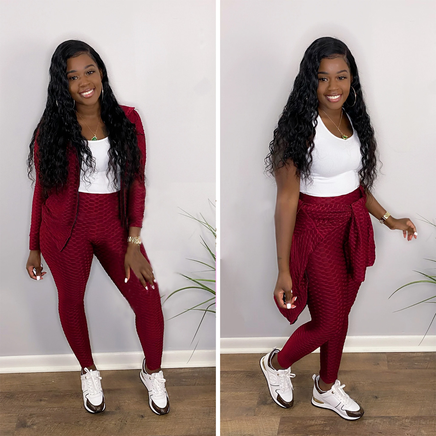 Pants Spot 2021 European and American fashion fish scale polyester stretch frame hooded casual sports suit