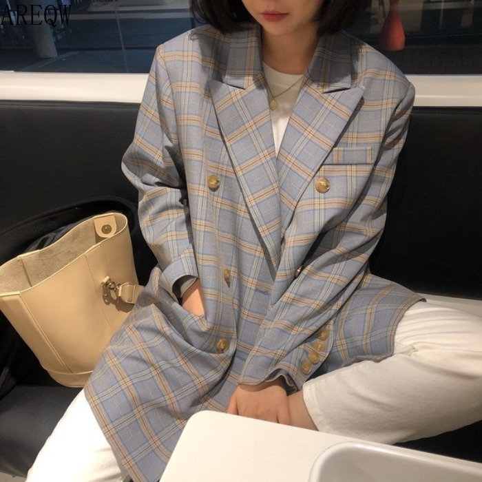 Retro Blue Large Checked Double-breasted Loose OVERSIZE Casual Suit Jacket Women Blazers 201114