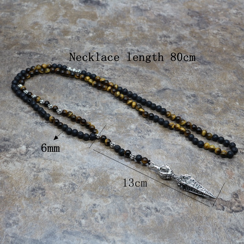 Natural Stone Necklace Men Retro Lava Bead Long Tiger Eye Skull/viking Pendants Necklaces Fashion Jewelry Kolye Hand Made 201014