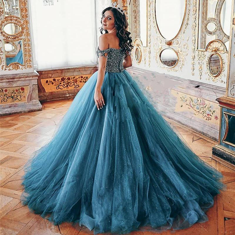 Beads Crystal Off the Shoulder Quinceanera Dresses Blue Ball Gown Sweet 15 Dress Junior Girls Pageant Gowns