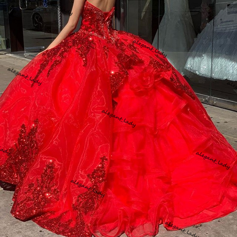 Red Organza Sweet 16 Quinceanera Dress Sequined Applique Beaded Sweetheart Pageant Dress Mexican Girl sweety 16s Birthday Gown