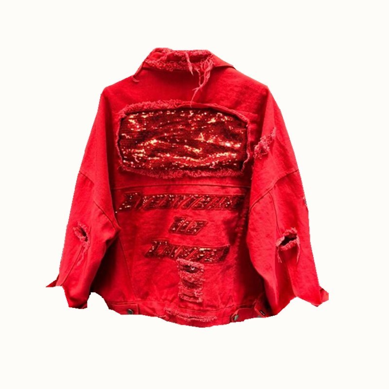 Spring Autumn Sequins Red Denim Jacket Women's Fashion Loose Short Hole Jacket Female Student BF Wind Black Jeans Coat Overcoats 201017