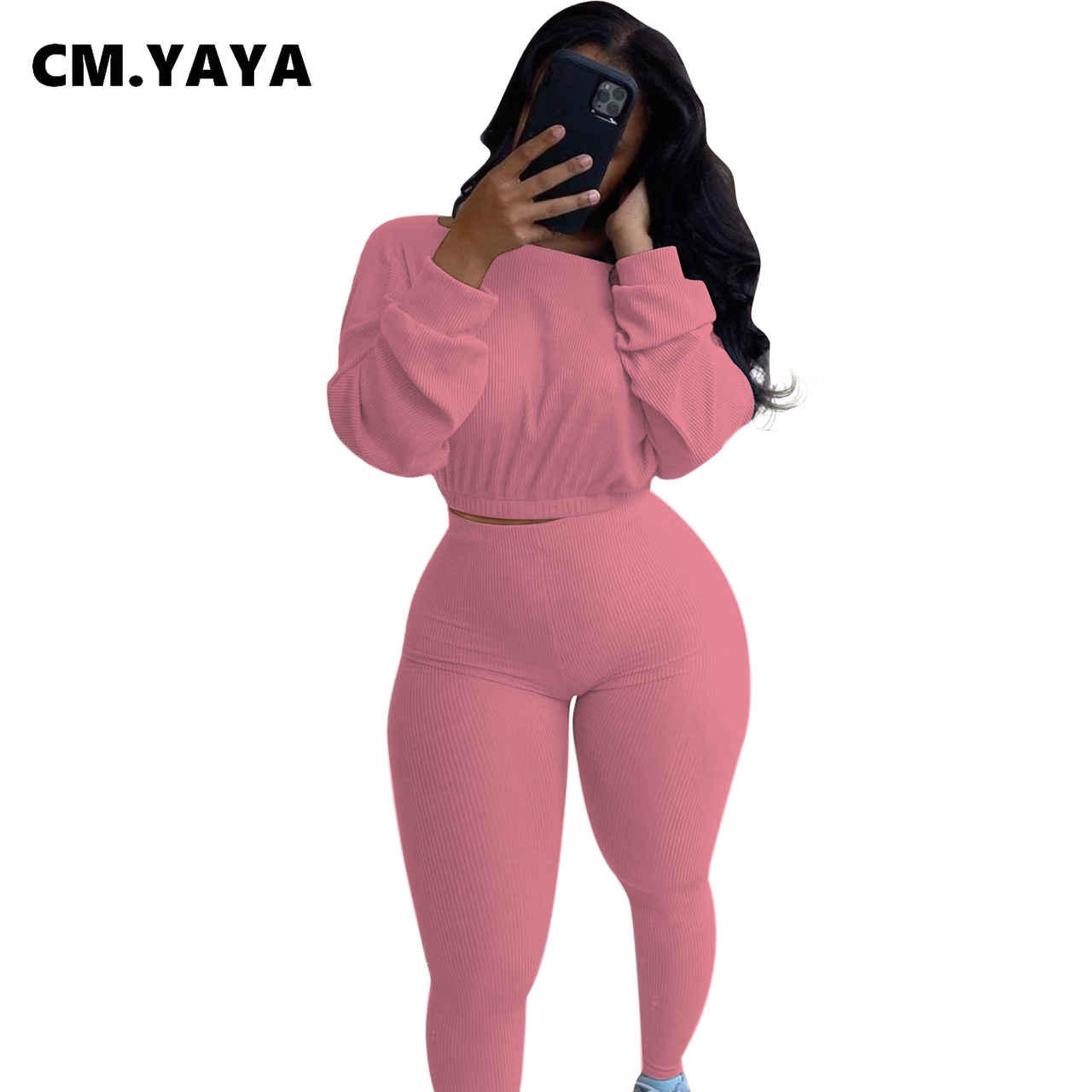 CM.YAYA Knitted Ribbed Women's Set Long Sleeve Sweater Top Pencil Pants Suit Active Wear Tracksuit Two Piece Set Fitness Outfits 201104