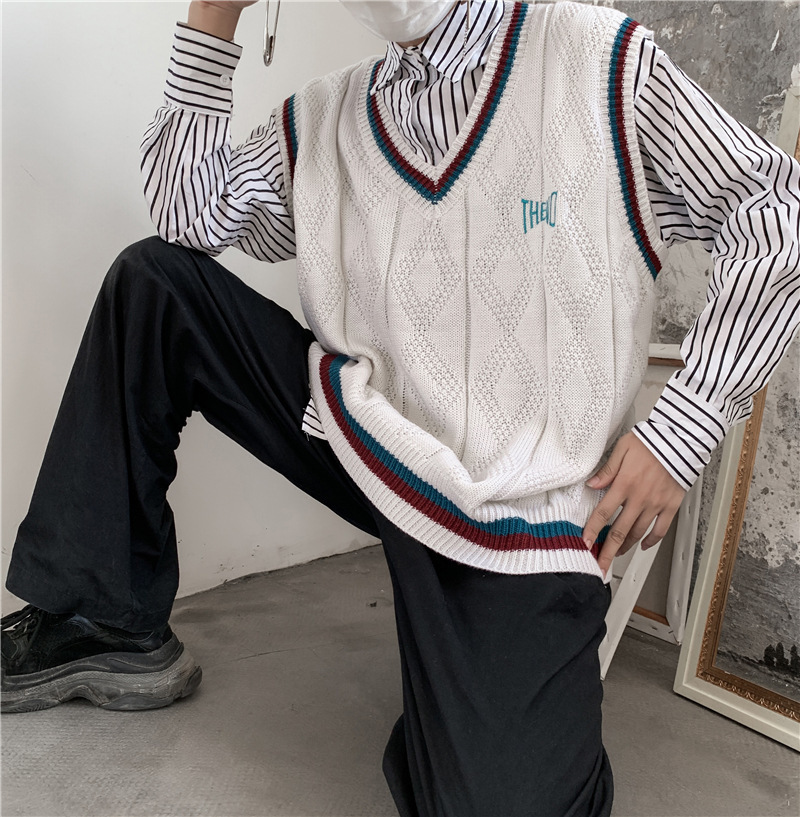Coed VNeck Cotton Sweater Vest Sleeveless Patchwork Autumn Spring Warm Spacious Clothes Knitted Fashion Casual male Coats Pull 201125