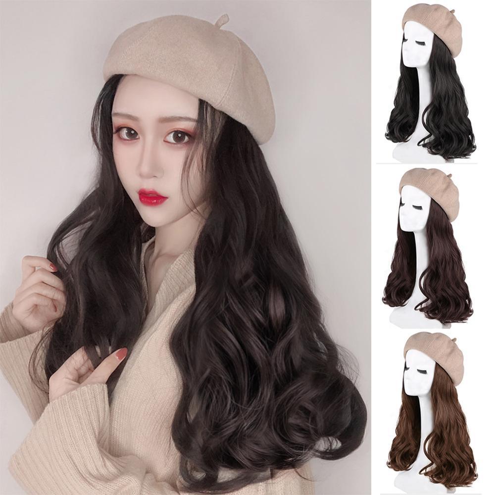 Fashion Women Knit Hat Baseball Cap Wig Straight Long Hair Big Wavy Curly Hair Extensions Girls Beret New Design Simulation Hair Y