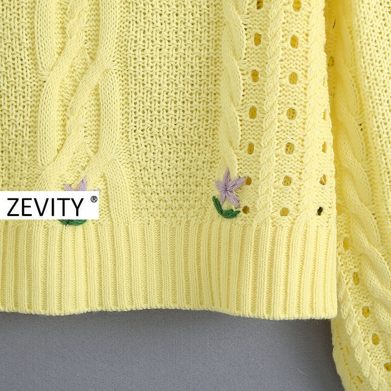 Zevity women Fashion Floral Embroidery Twist Crochet Cropped Knitted Sweater Lady hollow out casual pullovers chic tops S343 201222