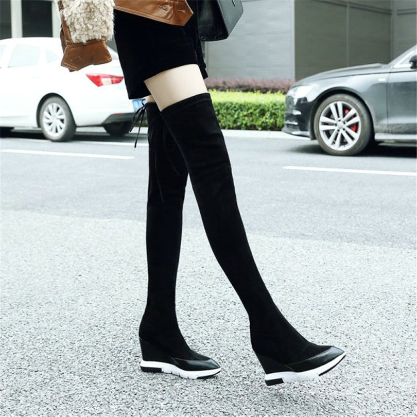 Hot Sale-Thigh High Boots Women Black Genuine Leather Over The Knee High Riding Booties Wedges Heel Tall Shaft Pumps