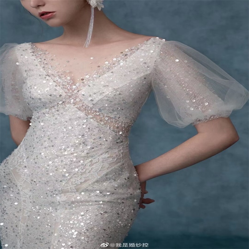 Modern Design Mermaid Wedding Dresses With Bling Bling Sequins Beads Bridal Gown Chic Jewel Short Sleeves Vestidos De Novia Custom Made Chen