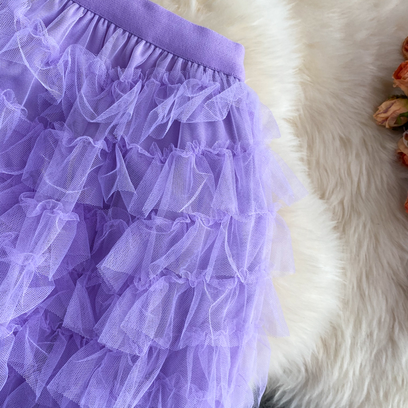 Purple/Blue/Orange Mesh Long Skirt Casual High Waist Cascading Ruffle Midi Faldas Female Autumn Draped Saias 2024 New Fashion