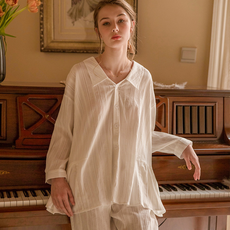 Pajamas Women Fashion Classic White Pajama Suit Long Sleeve Pajamas Leisure Sleepwear Lady 201027