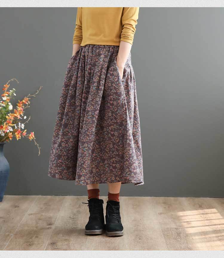Women's A-line autumn literary Retro floral print loose waist skirt Q1229, Black