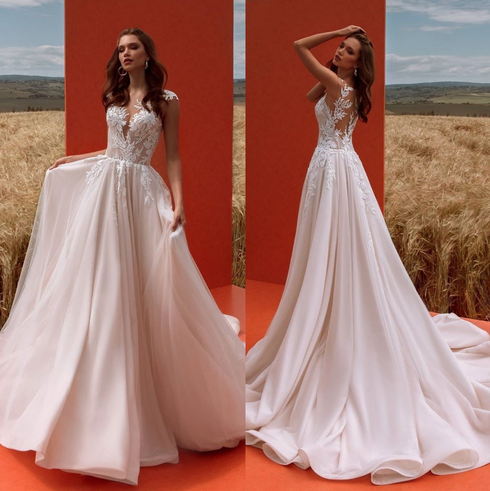 Lace Wedding Attractive Dresses Sheer Bateau Neck A Line Appliqued Bridal Gowns Sweep Train Tulle Robe De Marie ppliqued