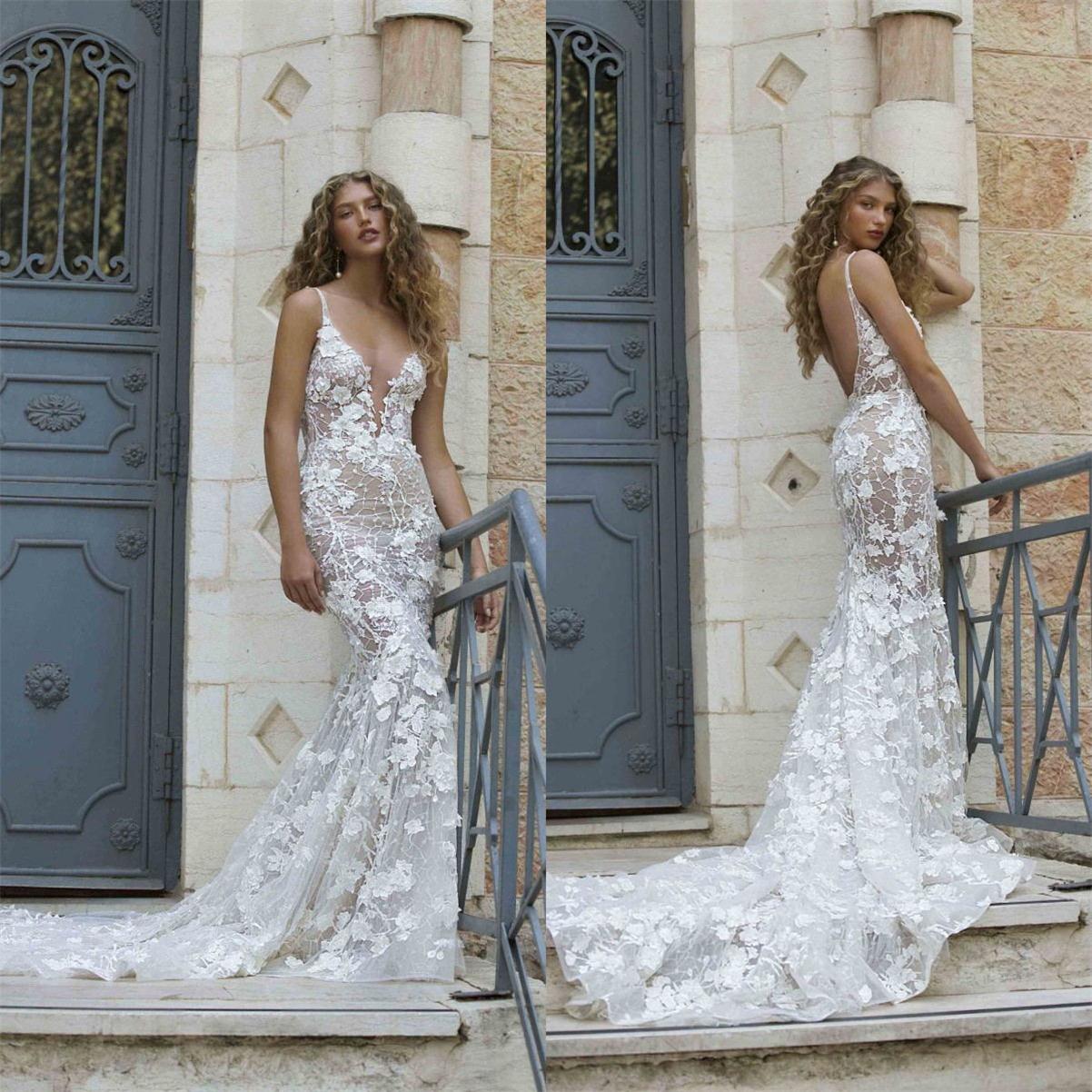 berta mermaid wedding dresses plus size lace appliqued deep v neck bridal gowns backless sexy wedding dress robes de marie