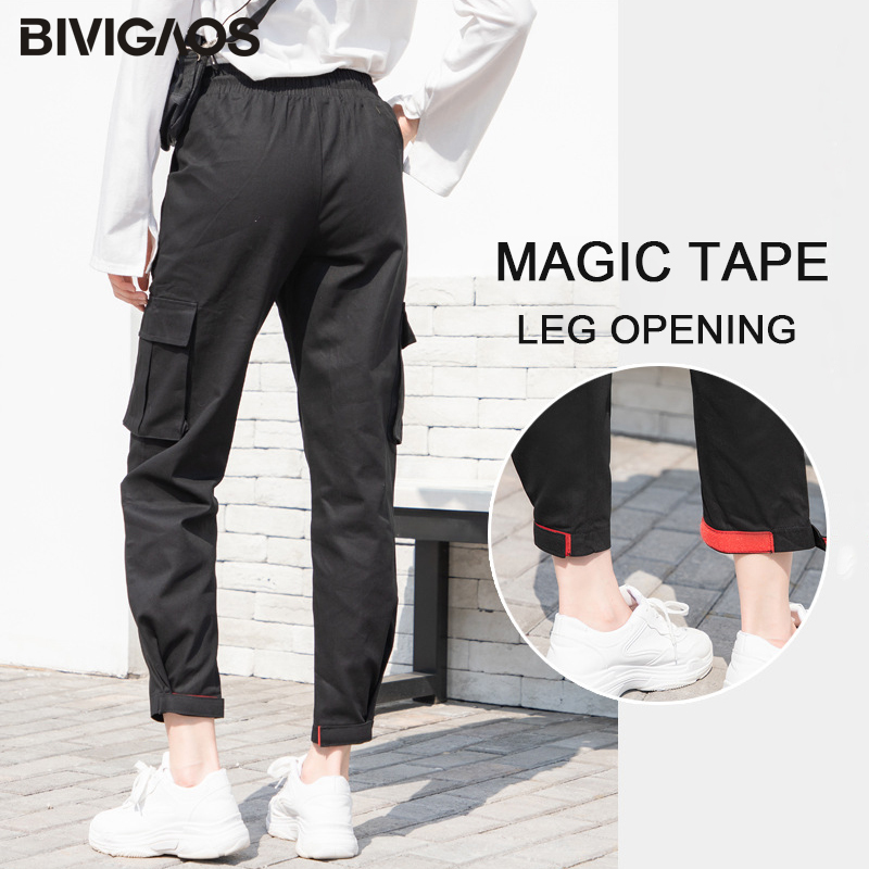 BIVIGAOS New Women Harajuku Stylish Cargo Pants Korean Overalls Trend Fashion Casual Slim Harem Pants MAGIC TAPE Ninth Pants 201109