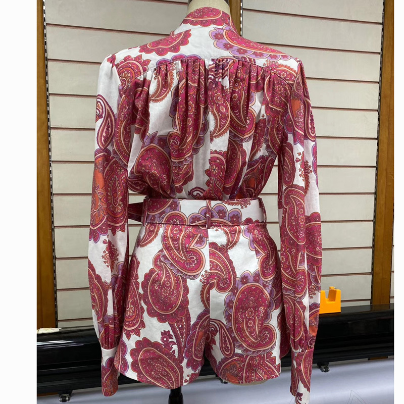 Fashion Women Clothes Red Print 2 Piece Sets Long Sleeve Stand Collar Blouse and Shorts with Sash Cottom Linen T200716