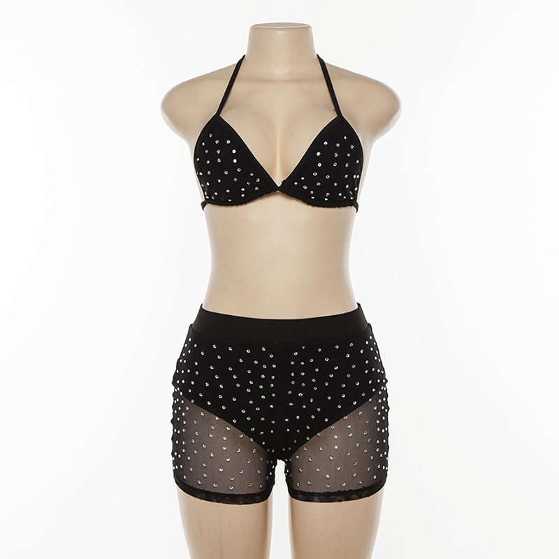 Shiny Rhinestones Black White Two 2 Piece Set Halter Bra Crop Top Sexy See Through Hot Shorts Outfits Summer Beach Matching Sets T200603