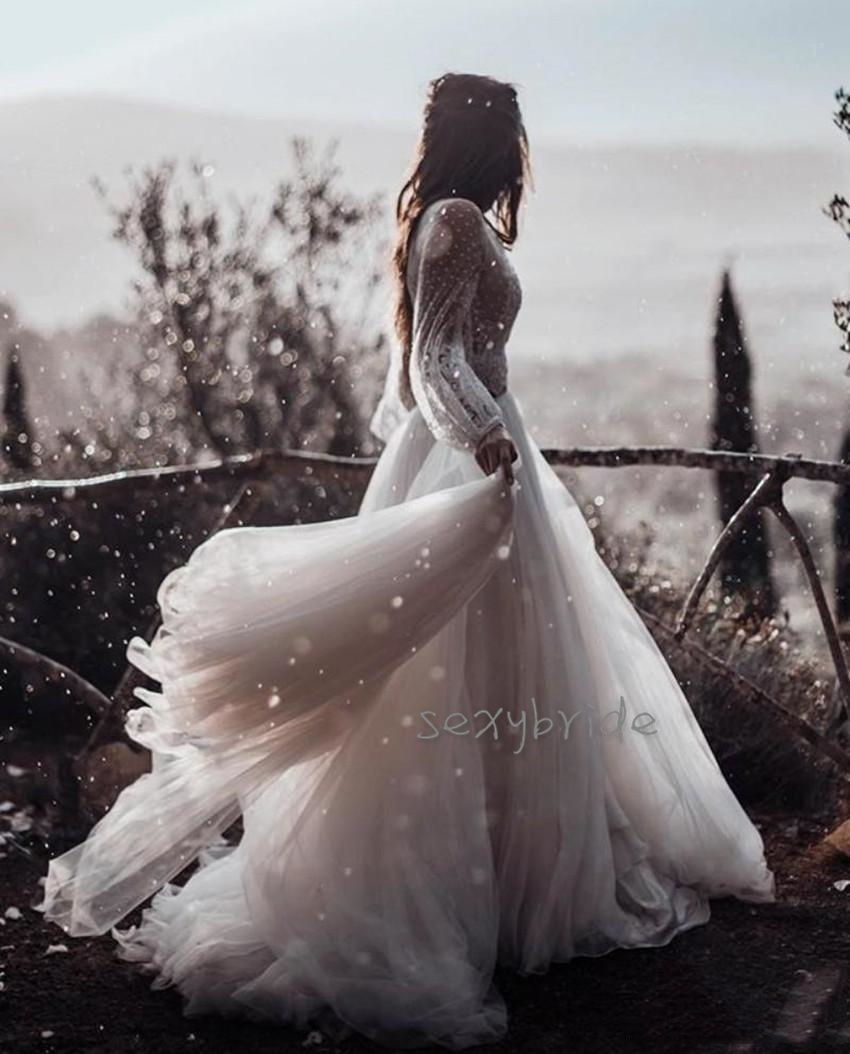 Two Piece Bohemian Dresses Puffy Tulle Skirt wy Boho Beach Wedding Dress Illusion Long Sleeve Country Bridal Gowns Newest