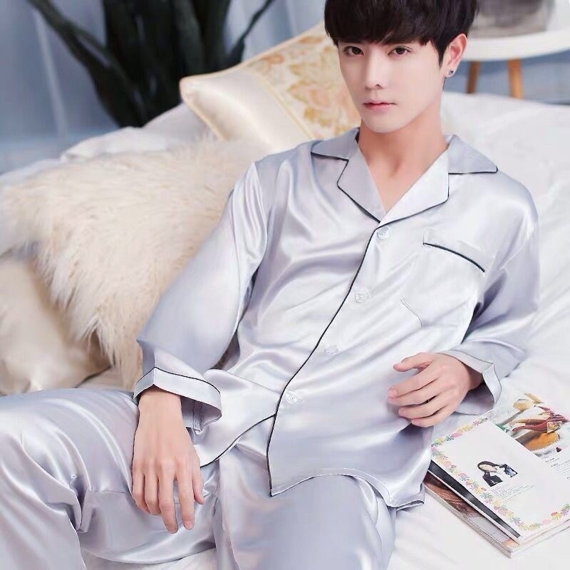 Men Pajama Sets Silk Satin Pijama Turndown Collar Sleepwear Long Sleeve Spring Nightwear Male 2 Pieces Sets Homewear CM11 201111