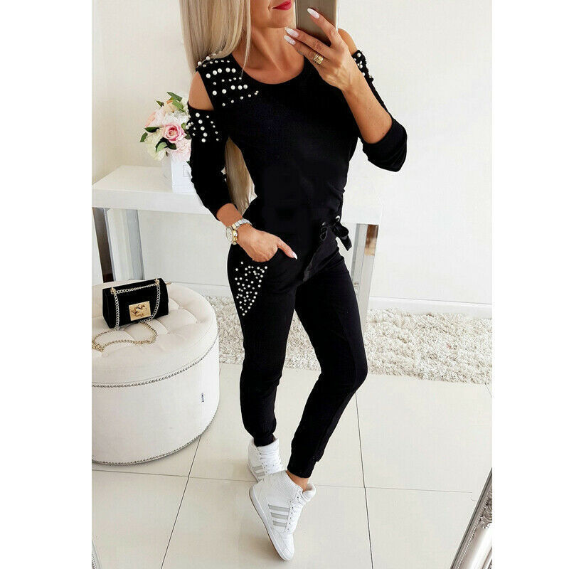 2 Piece Outfits for Women Bead Cold Shoulder Sweatshirt Tracksuit Pant Suit Gym Lounge Wear Jogger Casual Jumpsuit Clothing Set T200116
