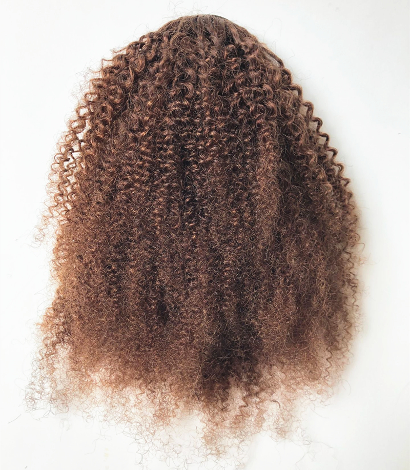 Medium brown kinky curly drawstring ponytail hair piece 100% human hair ponytail clip in afro puff chignon updo