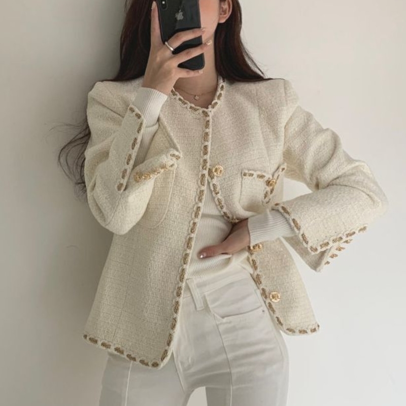 New Autumn Winter Korean Casual Tweed Jackets Women Button Solid Suits Coat Female Tops Office Lady Slim Outwear Feminino 201013