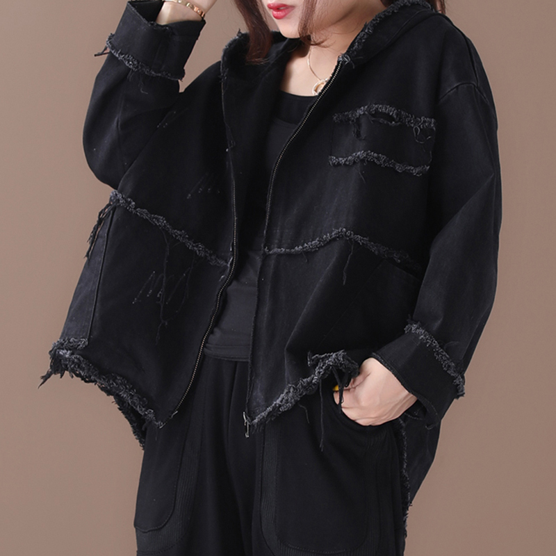 CHICEVER Korean Denim Jacket Female Hooded Long Sleeve Pockets Asymmetric Frayed Coat Women Casual Fashion Clothes 201017
