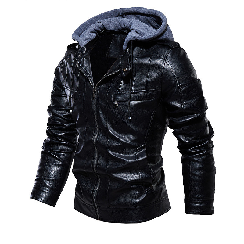 Mens Leather Jacket Zipper Hooded Jacket Men Winter Coat Slim Motorcycle Jacket Fashion Clothing Outwear Plus Size 4XL 201128