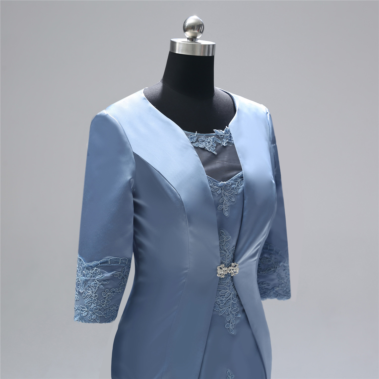 knee length Mother of Bride Groom Dresses with lace jacket two pieces real photos 3/4 Sleeves Sheath Long Mother Dresses Formal Evening Gown