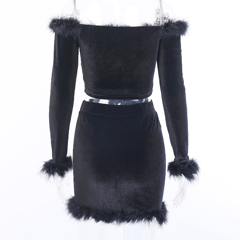 BKLD Black Velvet Sexy Fluffy Fur 2 Two Piece Set Women Off Shoulder Long Sleeve Crop Tops+Bodycon Mini Skirt Party Club Outfits 201012