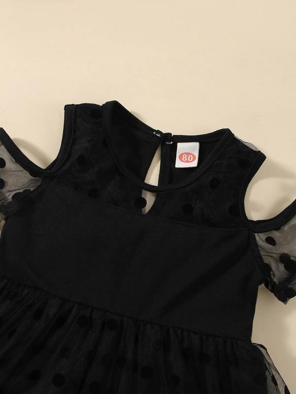 Baby Contrast Polka Dot Mesh Cold Shoulder Dress SHE