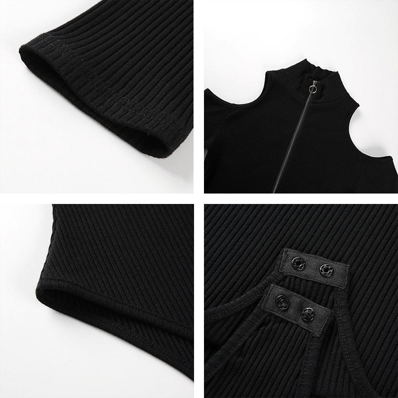 Rapwriter Sexy Off Shoulder Minimalist Ring Zipper Front Cut And Sew Turtleneck Sheer Bodysuit Women Long Sleeve Bodycon T200323