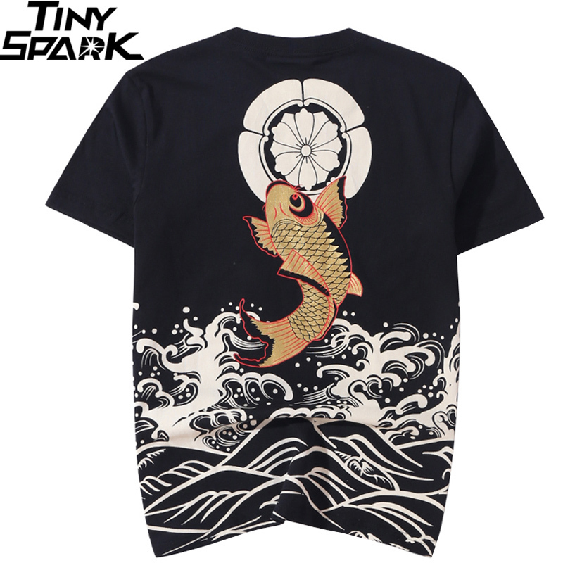 Men T Shirt 2020 Streetwear Japanese Harajuku Tshirt Koi Fish Wave Print Hip Hop T-Shirt Short Sleeve Summer Cotton Tops Tees LJ200827