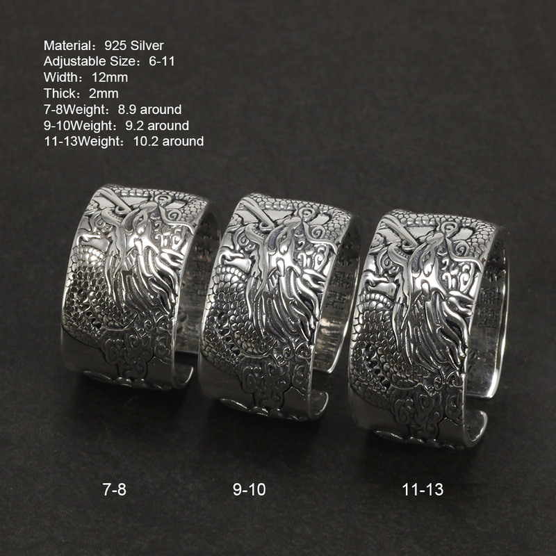 Real 925 Pure Silver Mens Biker Rings With Flying Dragon Vintage Punk Style Heart Sutra Engraved Buddhism Animal Jewelry 220217