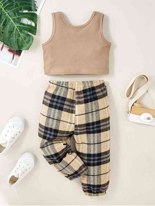 Baby Bear Embroidery Tank Top & Plaid Pants SHE