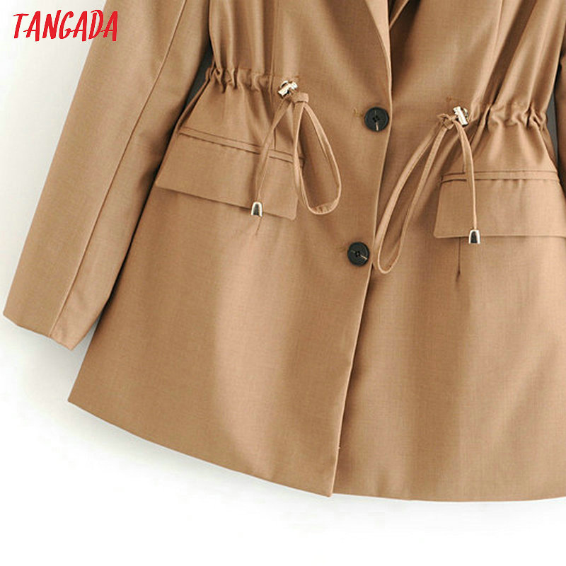 Tangada women solid blazer elegant Elastic waist sashes long jacket office ladies feminino formal suits 111 201114