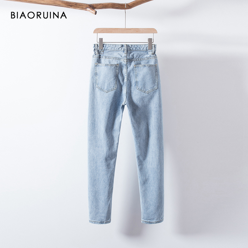 BIAORUINA Women's Washing Light Blue Bleached Jeans Female Fashion High Waist Straight Jeans Ladies Casual Streetwear Jeans 201105