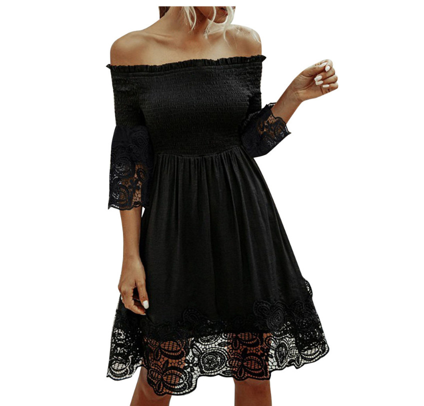 Little Black Short Prom Dress With Sleeves Lace Off The Shoulder Elastic Cotton Real Photos S M L XL XXL