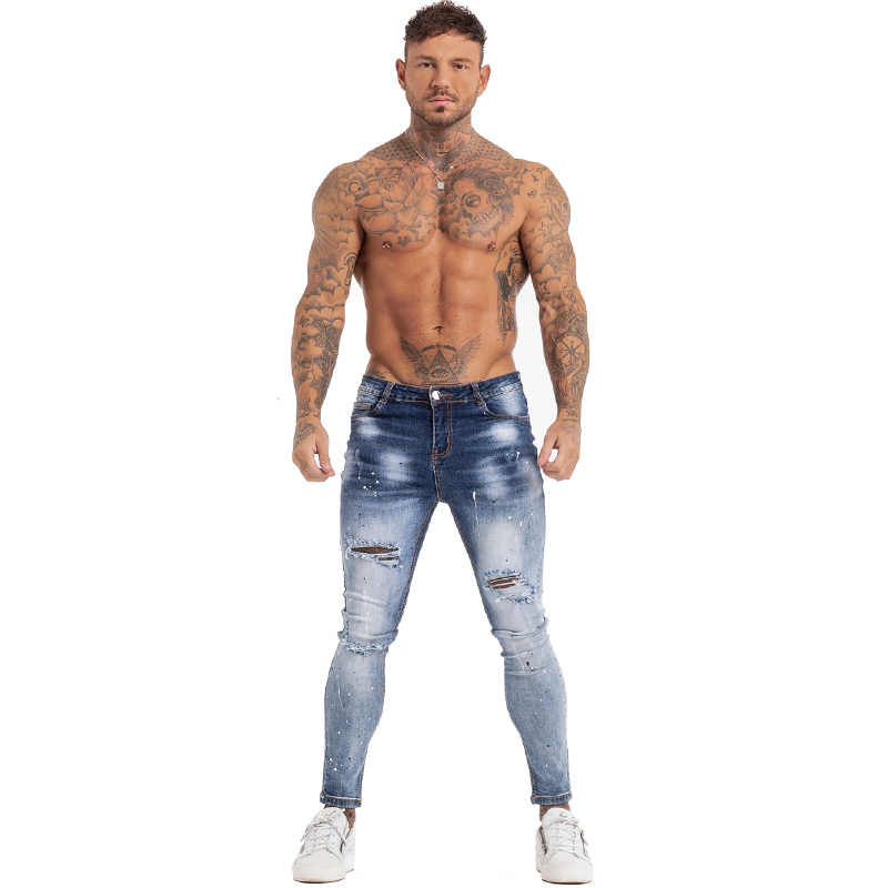 GINGTTO Homme Elastic Waist Skinny for Men Stretch Pants Streetwear Mens Denim Blue Jeans zm139 201223