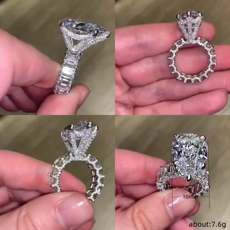 10CT Big Diamond Ring Vintage Jewelry 925 Sterling Silver Unique Cocktail Pear Cut White Topaz Gemstones Wedding Engagement Band R