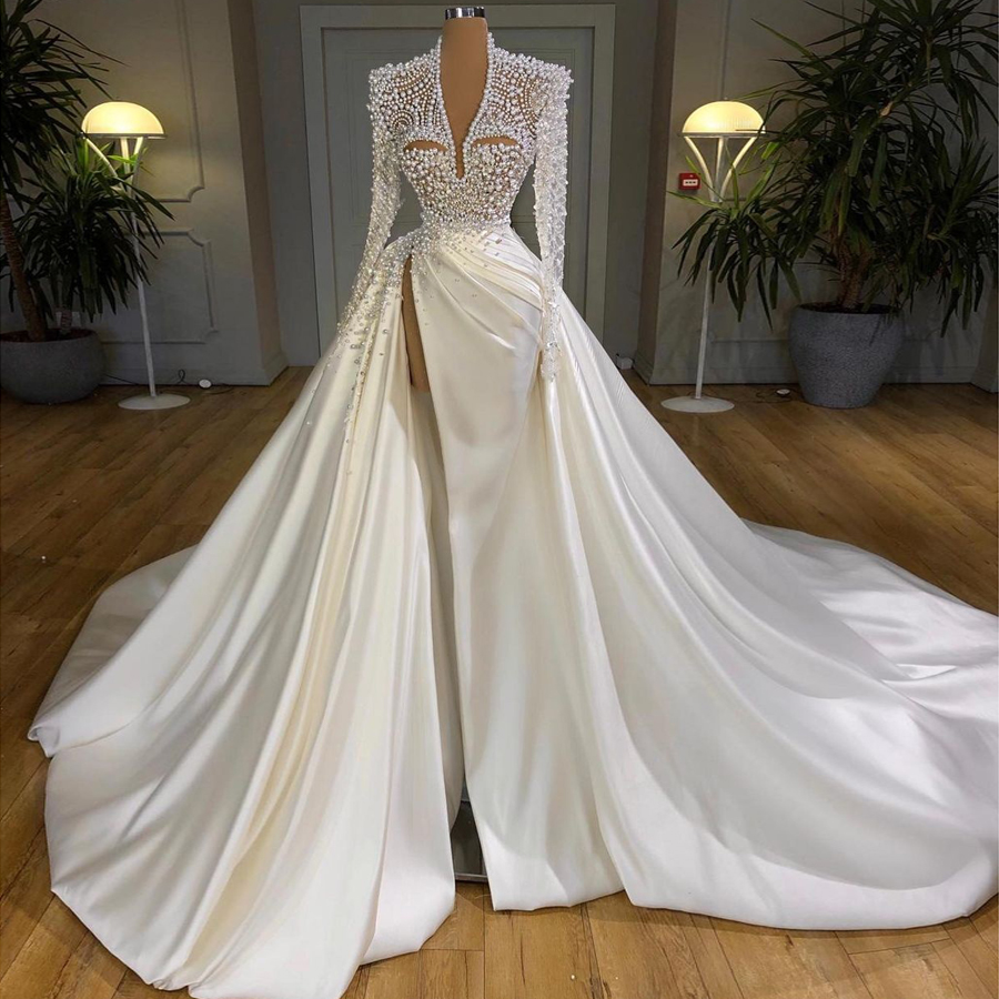 Long Pearls Sleeves Wedding Dresses Deep V Neck A E High Split Bridal Gowns Plus Size Sweep Train Satin Robe De Mari E