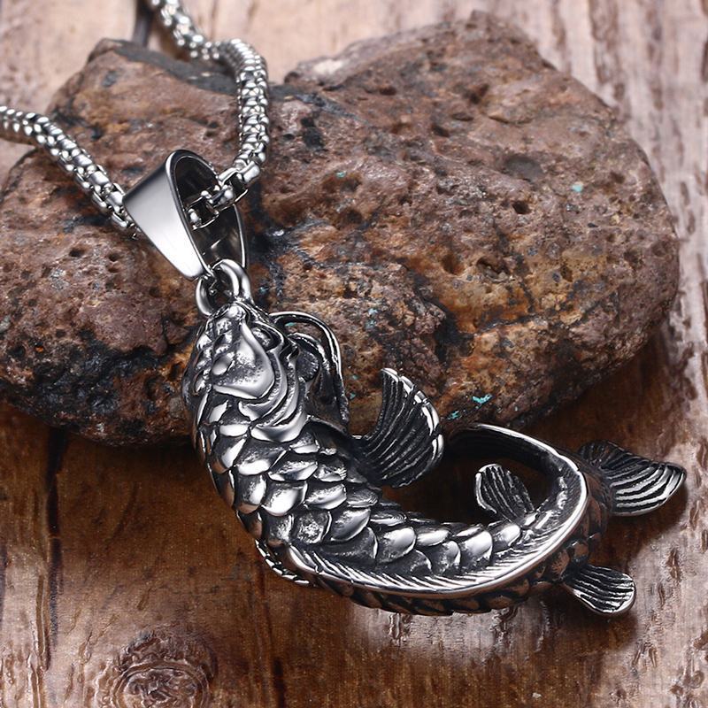 Mens Goldfish Hooked 3D Koi Fish Pendant Necklace in Stainless Steel Mythical Ocean Jewelry Collares Collier Colar 201013