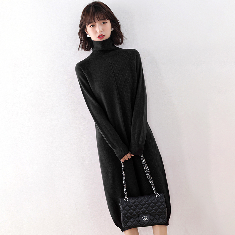 Women Fashion sweater 100% Wool Knitted Turtleneck Sweater Longer Dress Female Winter Autumn High Quality Stardard Woolen Dress 201126