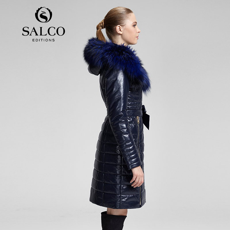 SALCO Free shipping newest popular in Europe and America long raccoon fur hooded leather jacket ladies section 201226